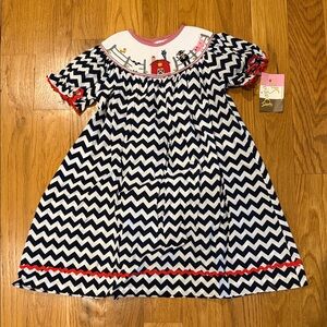 Girls Navy Chevron Smocked Dress with Red Trim and Barnyard Embroidery
